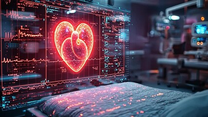 Poster - High-tech medical room displaying a glowing heart monitor during a nighttime examination