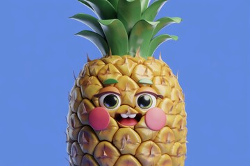 Poster - A cute, cartoon pineapple with big eyes and rosy cheeks smiles against a blue background.