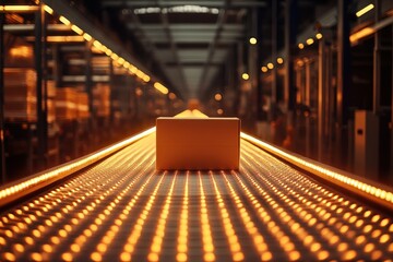 Wall Mural - Automated Conveyor Belt with Cardboard Box in Modern Warehouse with Warm Lighting and Industrial Background