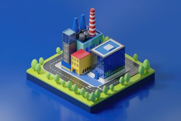 Poster - Isometric 3D model of a colorful industrial complex with buildings, road, and trees.