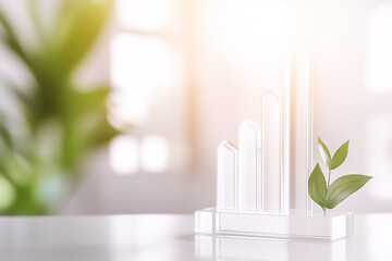 Poster - A stylized bar chart made of clear materials rises upward in a bright white space. The ambiance is calm, showcasing subtle gradients and a small green plant for a fresh touch