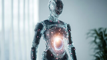 Leinwandbilder - A futuristic robot displays an illuminated area in its abdomen, symbolizing the concept of pregnancy.
