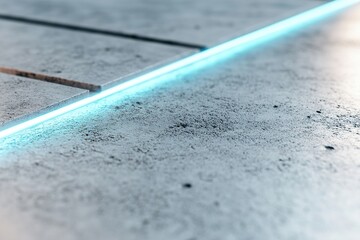 Poster - A close-up view of a textured concrete surface featuring embedded elements and a glowing blue line. The scene captures the interaction of light and texture during evening hours