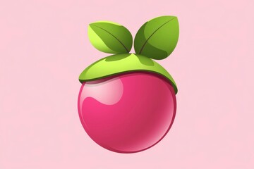 Poster - A vibrant pink fruit with glossy surface and two green leaves on top.