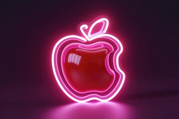 Poster - Neon apple logo glowing in the dark, vibrant pink and red, modern design.