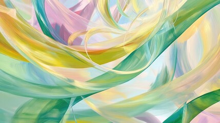 Fototapete - Abstract composition of swirling, colorful ribbons in shades of green, yellow, pink and blue, creating a vibrant and fluid visual.