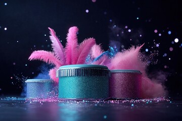 Poster - Brightly colored containers are placed on a dark surface, surrounded by iridescent feathers and sparkling dust. The glowing elements create a lively, festive atmosphere, perfect for celebration