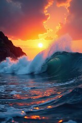 Wall Mural - Sunrise over powerful breaking waves, dynamic scene , beautiful, natural, breaking