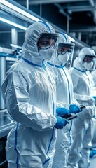 Poster - team of scientists in protective suits analyzing data on digital tablets in a high-tech laboratory