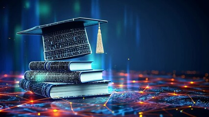 Poster - Graduation cap and books lit by digital patterns symbolizing education and knowledge