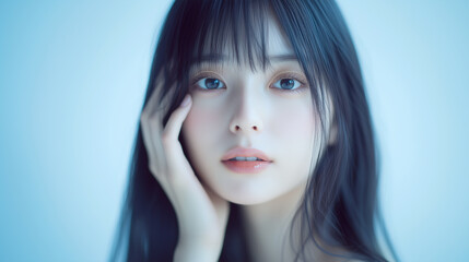 Aufkleber - 美肌の若くてかわいいアジア女性モデルの美容ポートレート。頬に手を当てるポーズをしている。