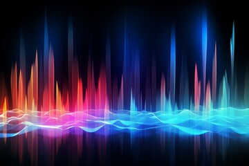 Fototapete - Glowing colorful audio waves reflecting on a dark background, creating a vibrant and dynamic visual representation of sound