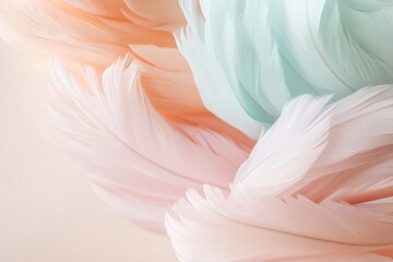 Poster - Abstract feather-like shapes in soft pastel colors create a serene atmosphere with gentle gradients. The interplay of blues, pinks, and whites suggests a sense of calm and fluidity