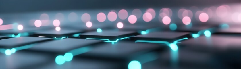 Poster - Abstract glowing circuit patterns blend harmoniously across a modern keyboard, creating a vibrant visual display that enhances the high-tech atmosphere
