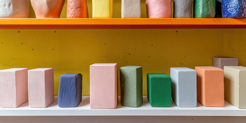 Poster - Arrangement of Pastel-Colored Blocks and Sculpted Forms on Shelves