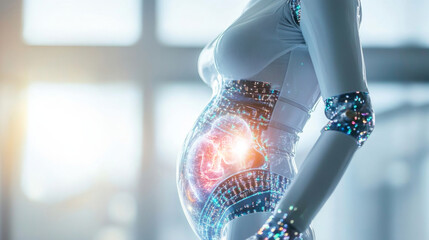 Poster - This artwork presents a futuristic depiction of pregnancy, showcasing a digital figure with a visible embryo highlighted within its abdomen.