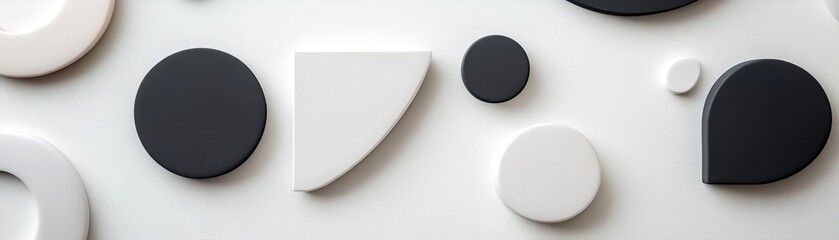 Poster - an abstract layout features various black and white geometric shapes interspersed across a light bac