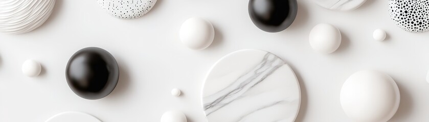 Poster - abstract composition displays an array of black and white objects in varying shapes and sizes, creat