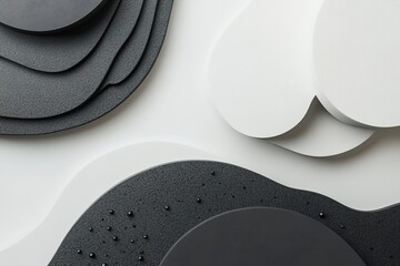 Poster - an abstract arrangement features overlapping black and white shapes on a smooth surface, evoking a c