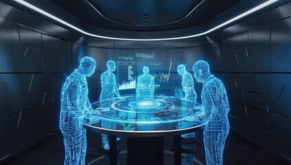 Poster - holographic projections of businessmen are interacting with a futuristic round table, analyzing data