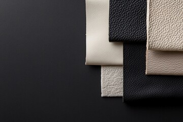 Poster - A collection of varied textured leather swatches in black and white hues is laid out on a dark surface, providing an elegant choice for design projects and fabric selection