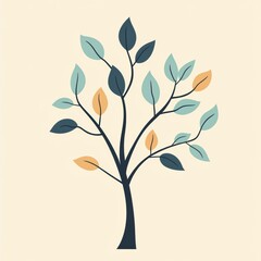 Fototapete - Decorative tree icon featuring branches and colorful leaves in a minimalist design for nature themed projects. Generative AI