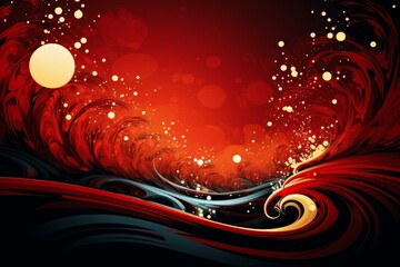 Wall Mural - Swirling red and black waves create a mesmerizing abstract background, accented by glowing orbs and delicate particles