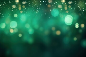 Wall Mural - Abstract blurred bokeh lights background in emerald green with sparkling particles creating a magical and festive atmosphere