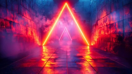 Poster - A large glowing triangle emitting colorful energy in a dark environment, symbolizing power and futuristic energy concepts