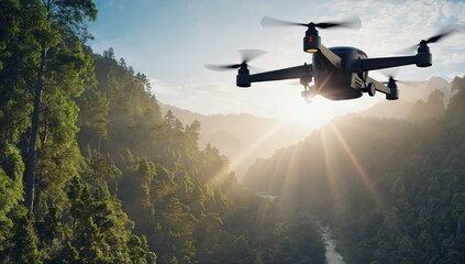 Wall Mural - modern drone with camera flying over beautiful green forest at sunrise, capturing breathtaking aeria