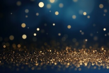 Poster - Golden glitter sparkles on a dark blue background, creating a luxurious bokeh effect, perfect for festive designs