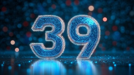 Poster - glowing digital 3d number 39 in futuristic style with abstract background, celebration concept.