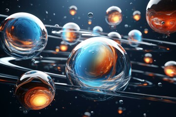 Poster - Abstract composition featuring transparent spheres orbiting a central point, forming a visually captivating display of motion and energy