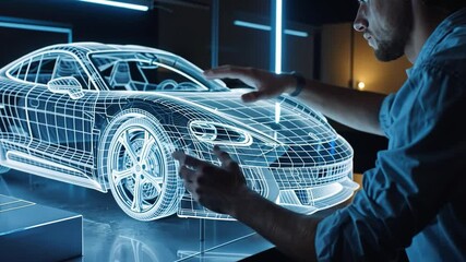 Poster - Innovative designer interacts with a holographic car model in a modern studio at night