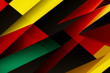 Poster - abstract geometric background featuring interlocking triangles in red, yellow, and green with black 