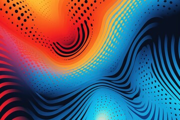 Poster - Vibrant abstract background featuring a blend of red, orange, and blue hues with dots and stripes, creating a dynamic and modern design