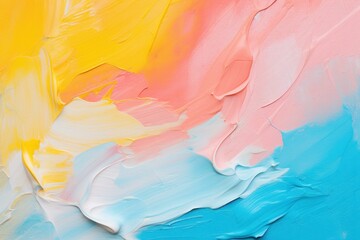 Poster - vibrant impasto painting in yellow, pink, and blue, creating an abstract textured background with vi