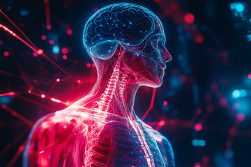 Poster - Futuristic digital illustration of a human nervous system and brain with glowing neural connections and an abstract technology-inspired background. Concept of neuroscience, artificial intelligence