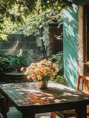 Wall Mural - Wooden table with vase of flowers