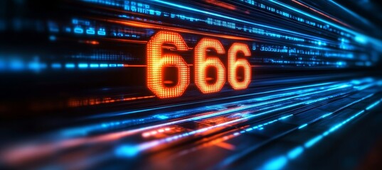 Aufkleber - the number 666 glowing on a futuristic digital background with blue and orange lights