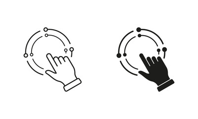 Poster - Digital Marketing Strategy Symbol. Management Concept, Pointer Click Line and Silhouette Icon Set. Manage Business, Finger Point in Circle Pictogram. Editable Stroke. Isolated Vector Illustration
