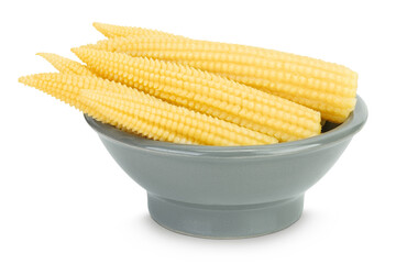 Wall Mural - Pickled young baby corn cobs in wooden bowl isolated on white background