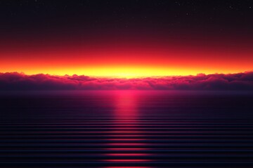 Poster - Vibrant sunset reflecting on calm waters with horizontal lines in the background