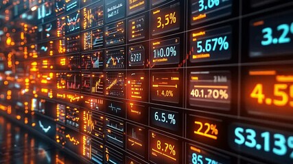 Poster - Data visualizations on multiple screens showing financial market trends in a modern trading room