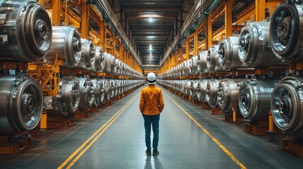 Wall Mural - Worker observing large industrial machinery in a factory, highlighting manufacturing processes