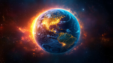 earth glowing with shining light against the infinite darkness of space