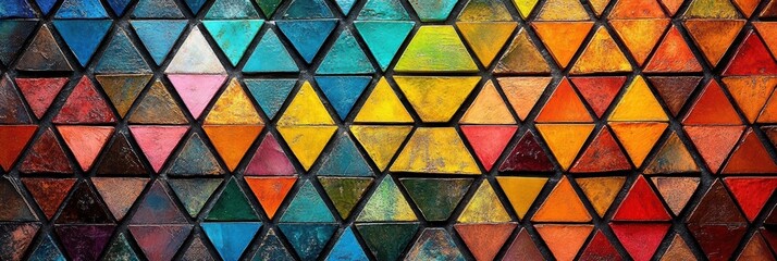Poster - Mosaic constructed from colorful triangles creating a vibrant pattern on a textured surface