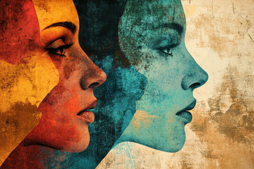 abstract digital artwork of two overlapping female profiles in vibrant warm and cool tones, represen