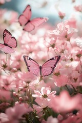 Wall Mural - Field of Pink Flowers with Butterflies