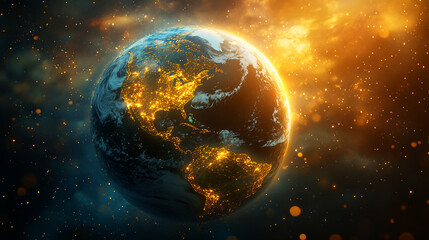 earth glowing with shining light against the infinite darkness of space